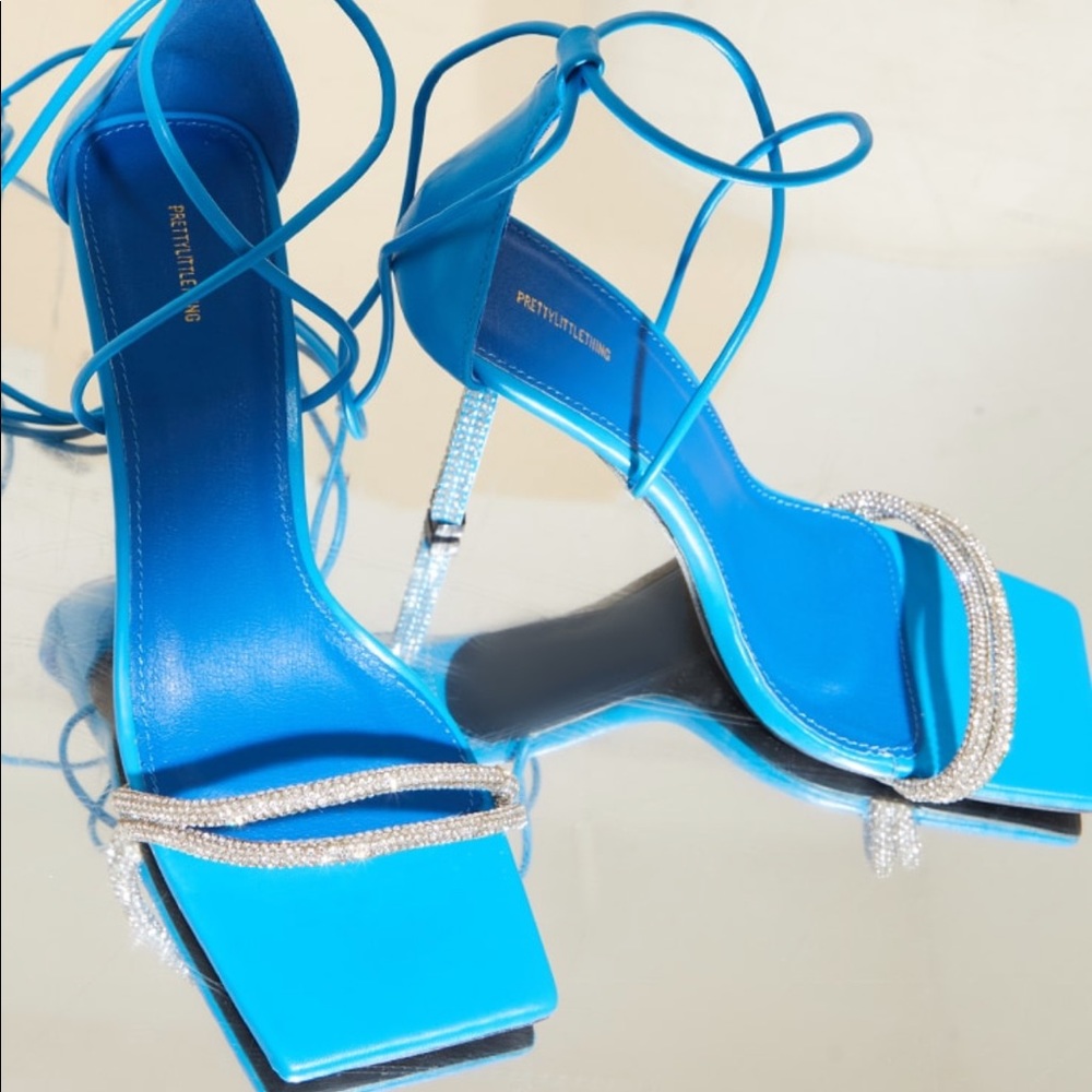 PLT Blue Diamanté Heel Double Strap Lace Up Sandal Heels